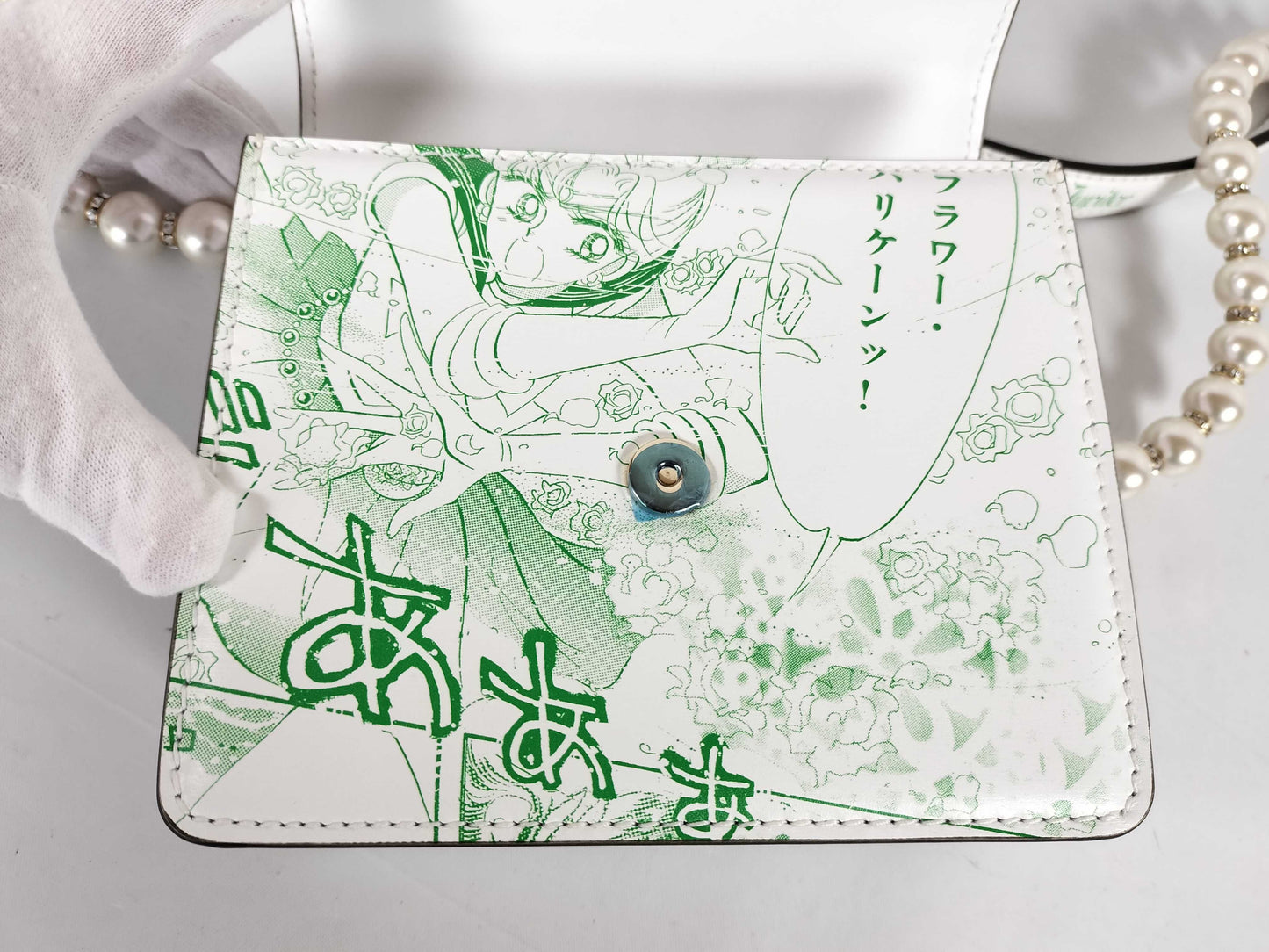 JIMMY CHOO Jimmy Choo x Sailor Moon Leather Shoulder Bag with Original Comic Scene Print, Swarovski Crystals, and Pearl Strap. Sold Out. Prene Shoulder Bag.