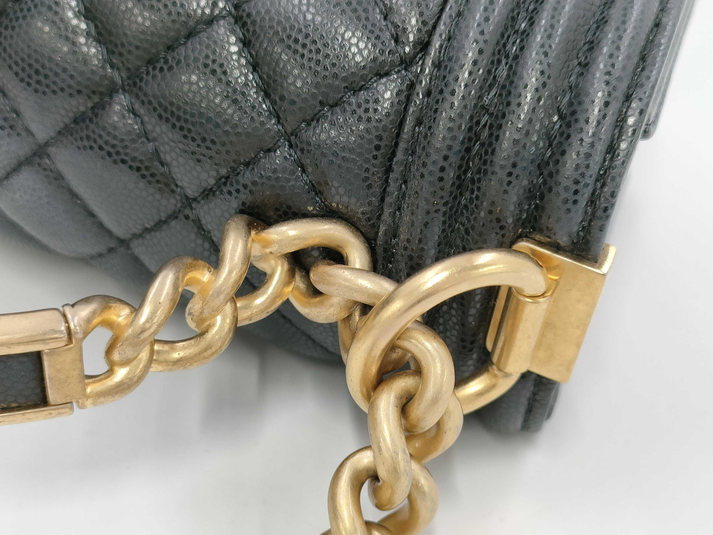 CHANEL Matelasse Top Handle Boy Caviar Black Handbag with Gold Hardware and Serial Number Plate