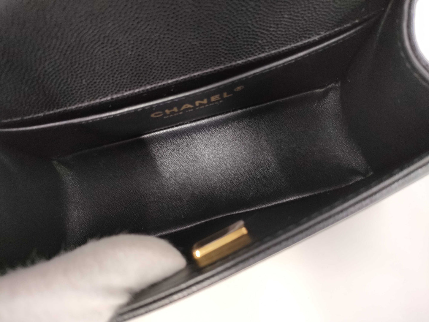 CHANEL Matelasse Top Handle Boy Caviar Black Handbag with Gold Hardware and Serial Number Plate