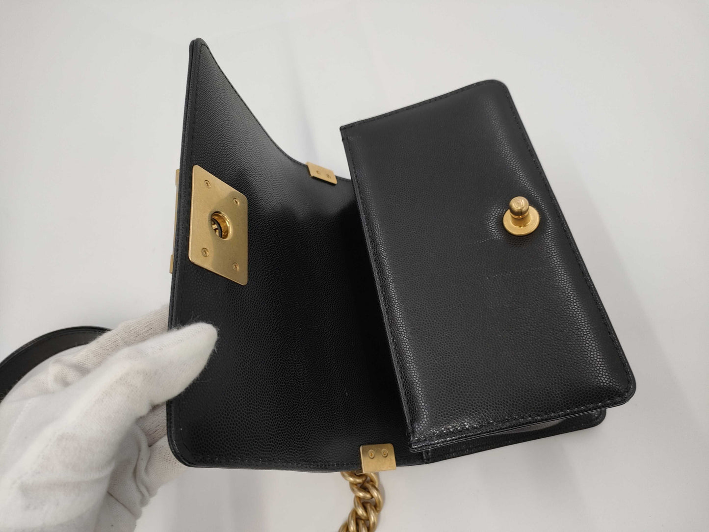 CHANEL Matelasse Top Handle Boy Caviar Black Handbag with Gold Hardware and Serial Number Plate