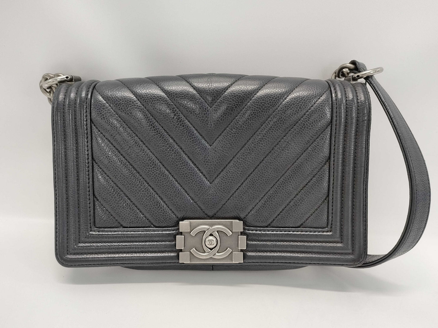 CHANEL Boy Chanel 25 Caviar Leather V-Stitch Chain Shoulder Bag with Seal