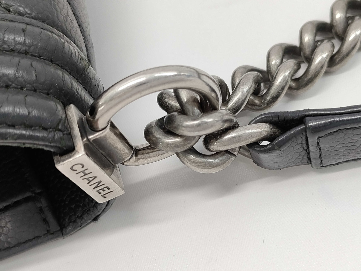 CHANEL Boy Chanel 25 Caviar Leather V-Stitch Chain Shoulder Bag with Seal