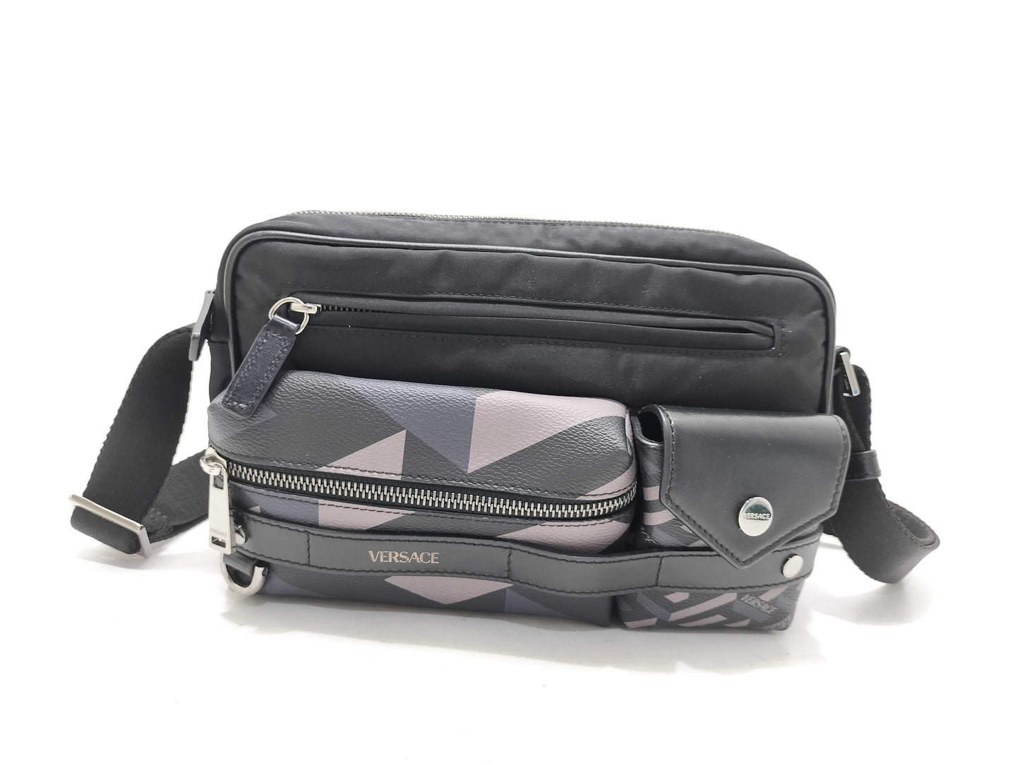 VERSACE ID - Versace Leather/Nylon Greca Signature Messenger Bag, Black, 25 cm, Shoulder Bag