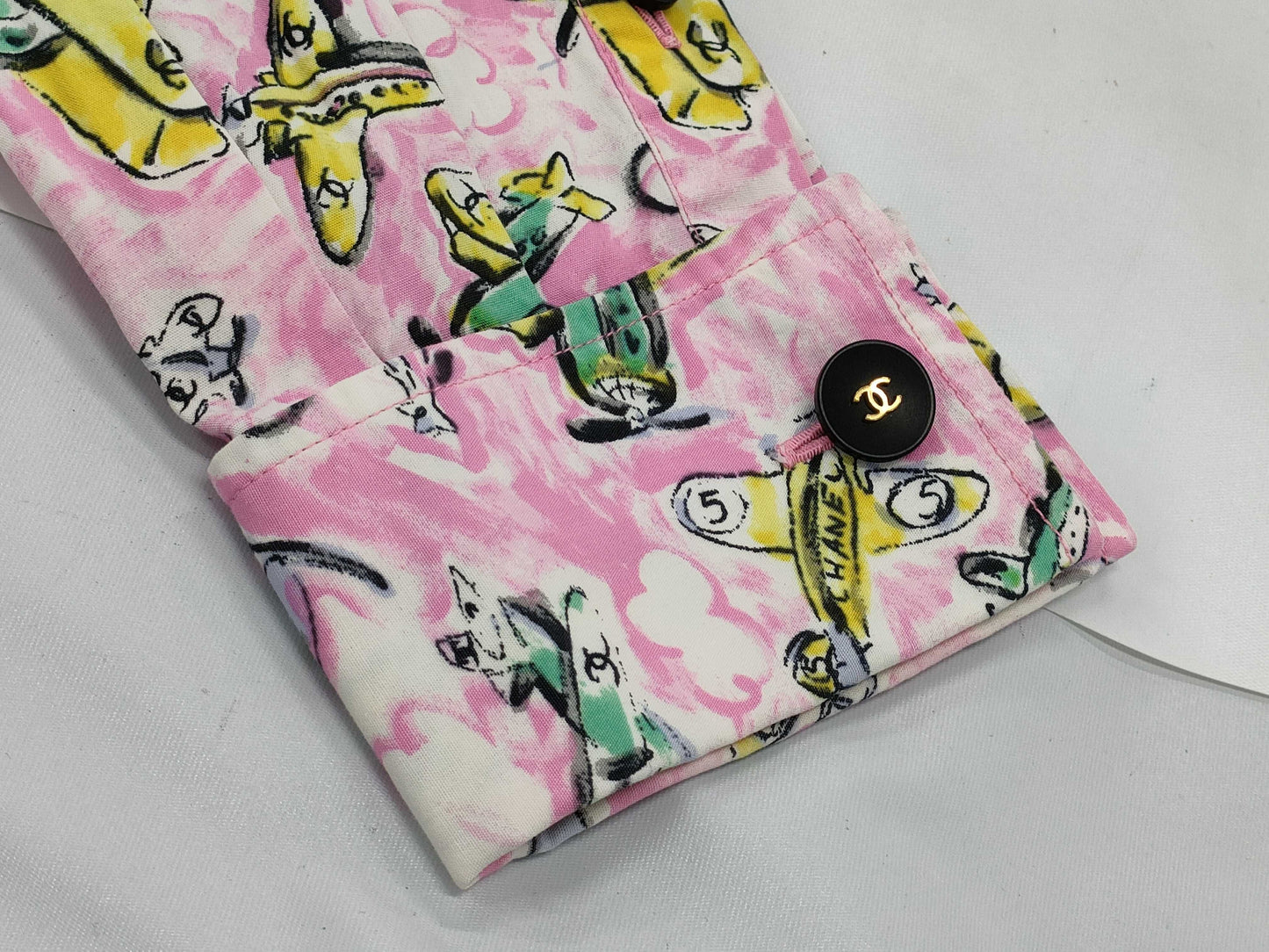 CHANEL Coco Button Shirt with Airplane Print, Size 38