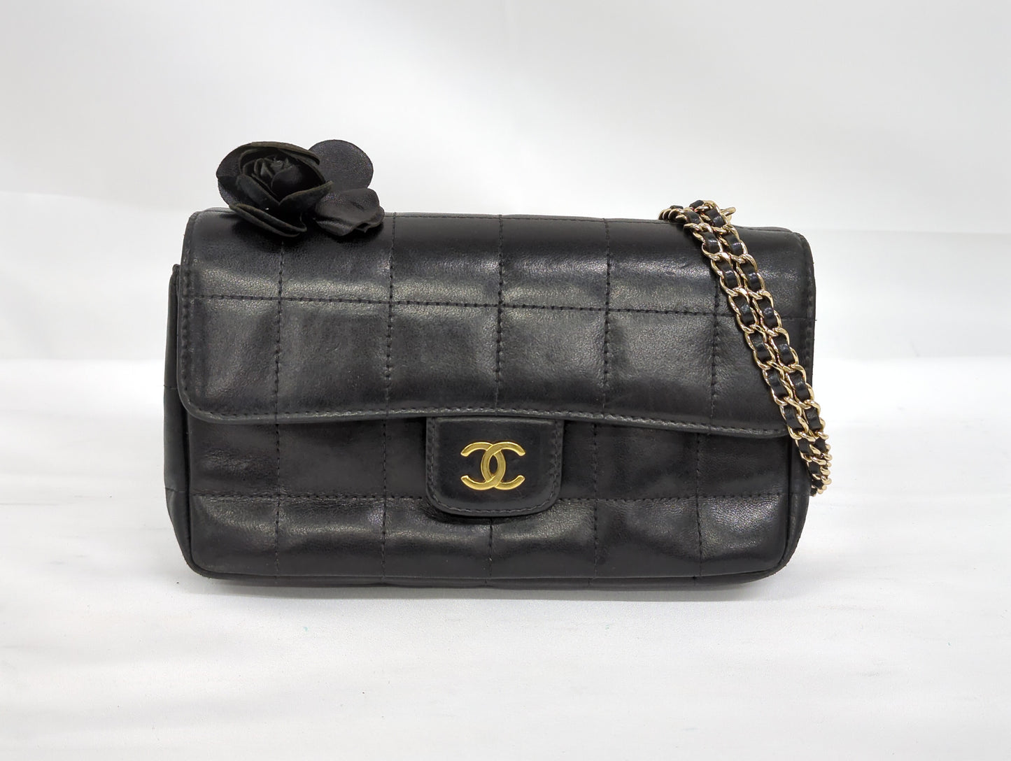 CHANEL Lambskin Chocolate Bar with Camellia Charm Chain Shoulder Bag