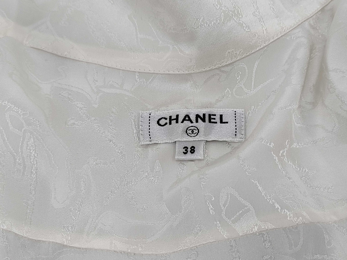 CHANEL All-Logo Graffiti Silk Shirt with Waist Ribbon and Pearl Buttons, Size 38