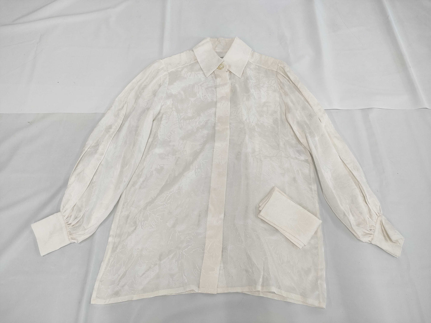 CHANEL All-Logo Graffiti Silk Shirt with Waist Ribbon and Pearl Buttons, Size 38