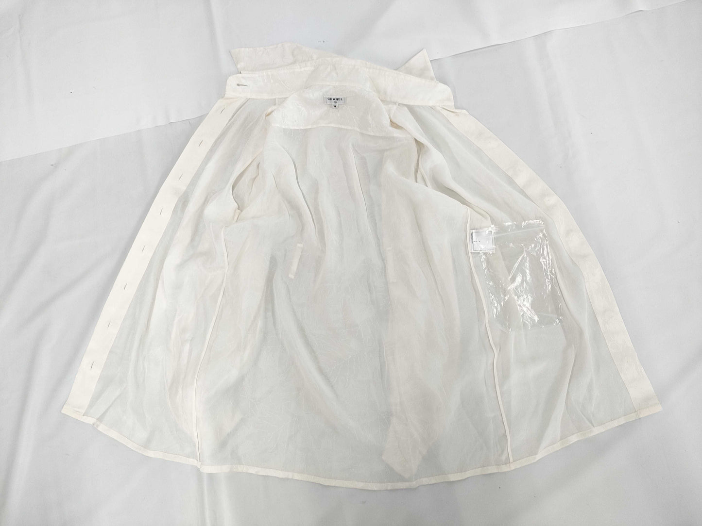 CHANEL All-Logo Graffiti Silk Shirt with Waist Ribbon and Pearl Buttons, Size 38