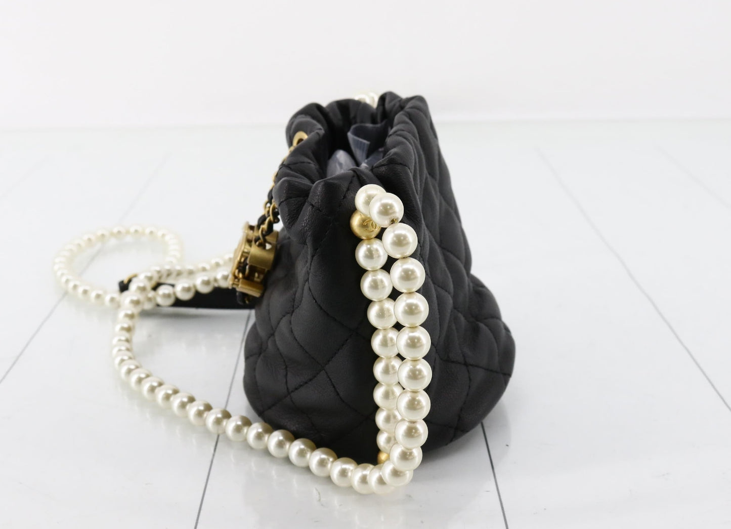 CHANEL Matelasse Black Faux Pearl Drawstring Shoulder Bag, No. 31