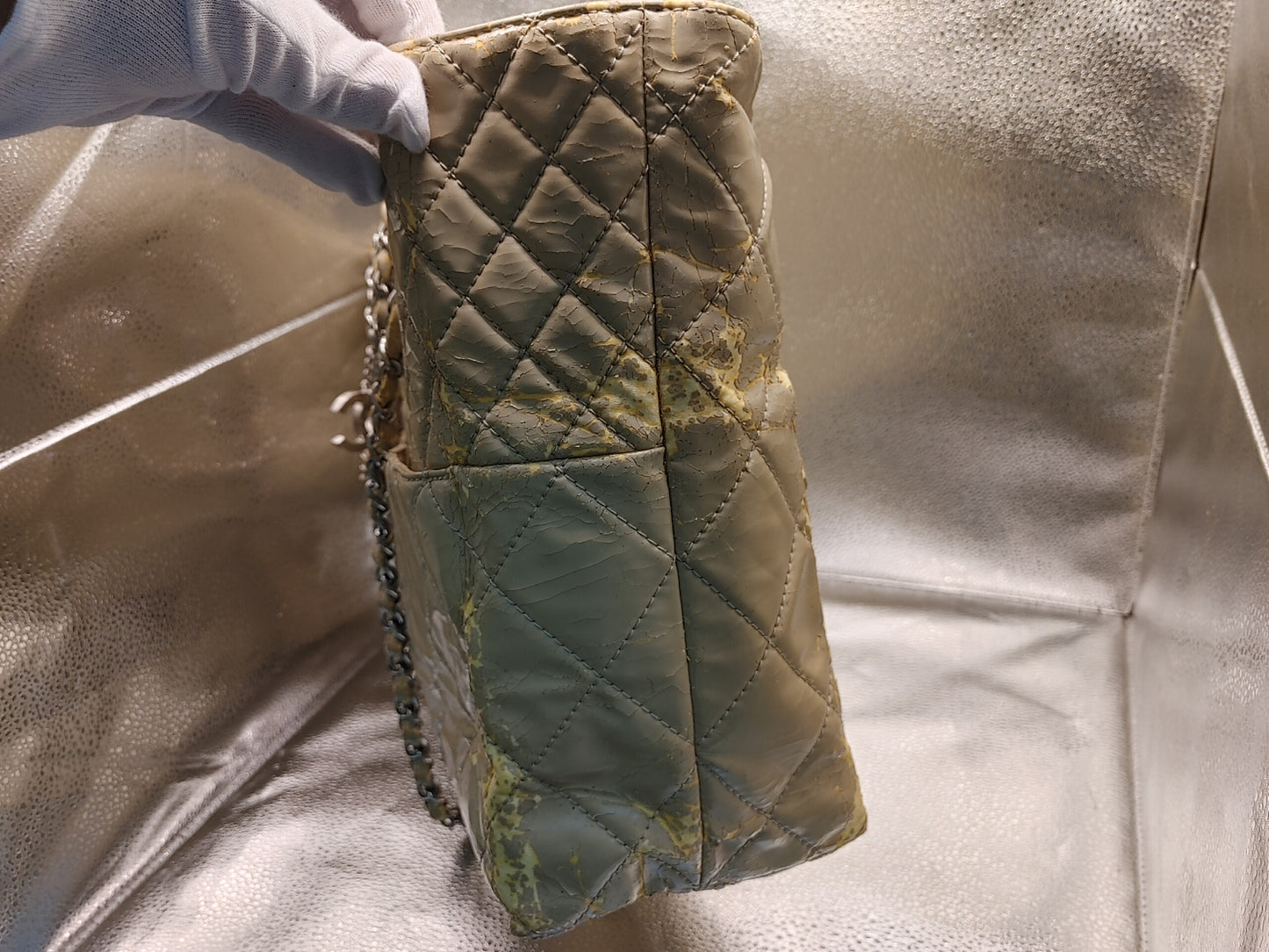 CHANEL Matelasse Chain Shoulder Bag with Seal 14667717, Includes Warranty Card and Bag, Beige Patent Leather Shoulder Bag