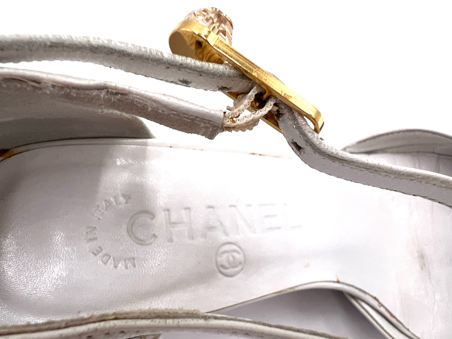 CHANEL Coco Mark Leather Wedge Sole Pumps White Size 37