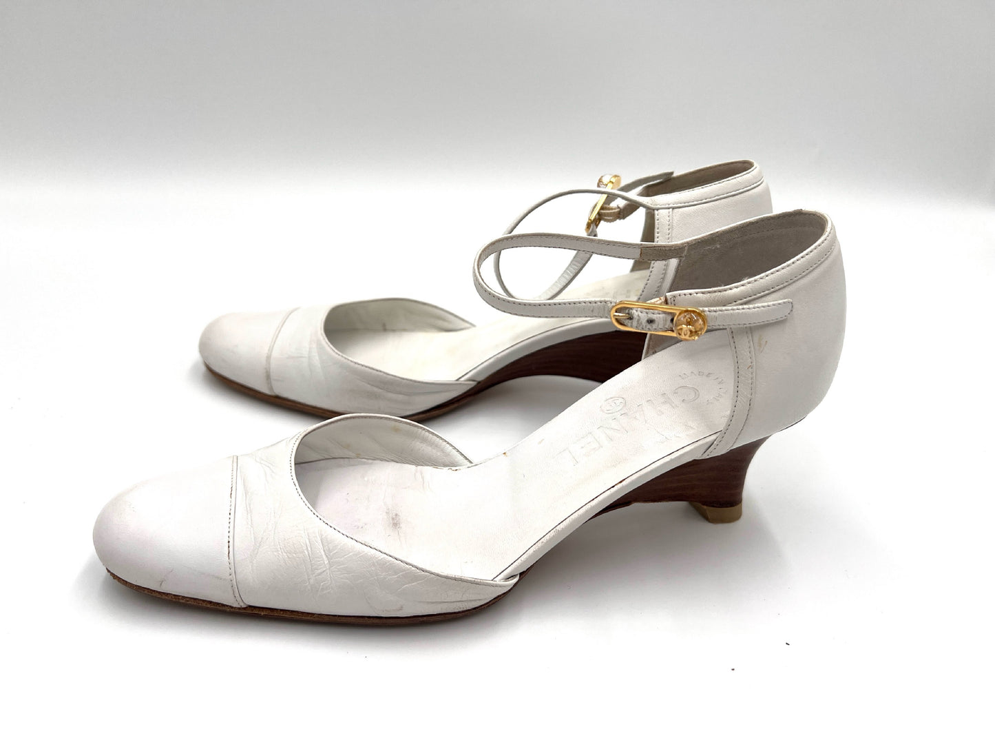 CHANEL Coco Mark Leather Wedge Sole Pumps White Size 37
