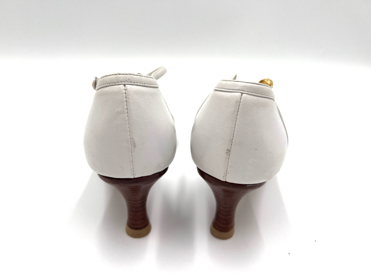 CHANEL Coco Mark Leather Wedge Sole Pumps White Size 37