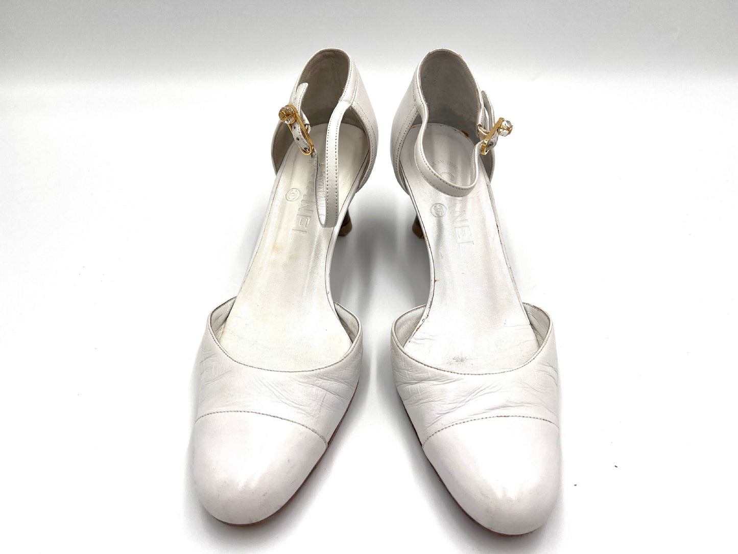 CHANEL Coco Mark Leather Wedge Sole Pumps White Size 37