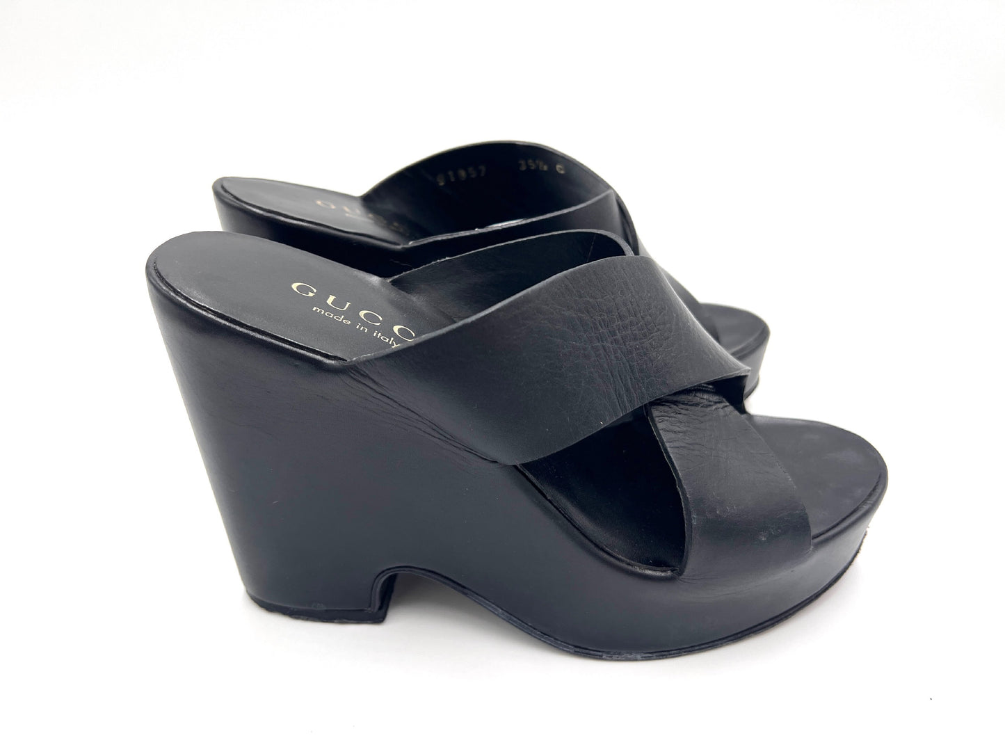 GUCCI 91857 Cross Belt Wedge Sole Black Mules Size 35 1/2