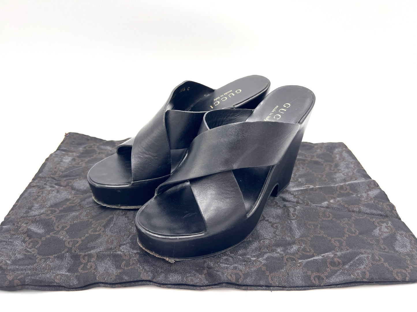 GUCCI 91857 Cross Belt Wedge Sole Black Mules Size 35 1/2