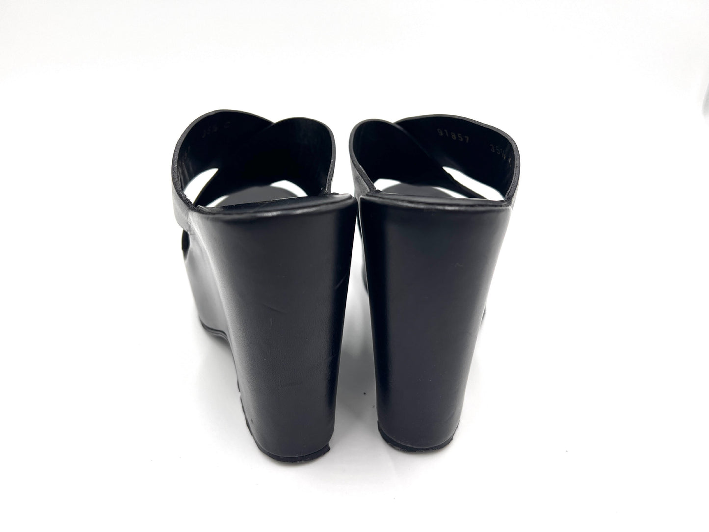 GUCCI 91857 Cross Belt Wedge Sole Black Mules Size 35 1/2