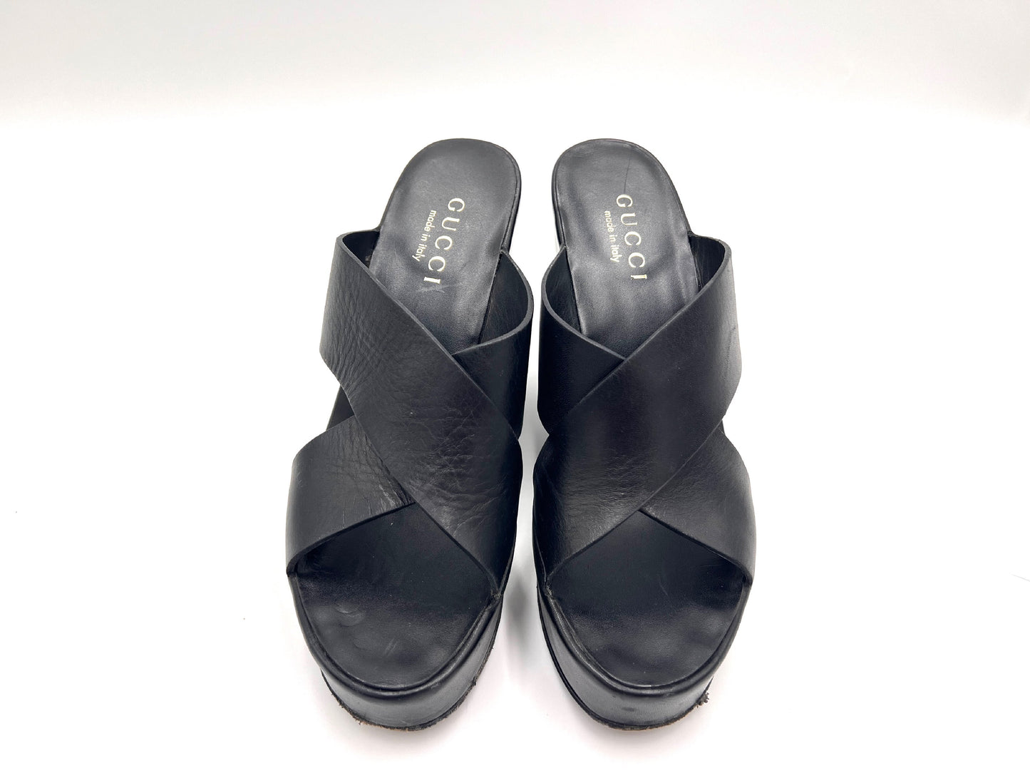 GUCCI 91857 Cross Belt Wedge Sole Black Mules Size 35 1/2