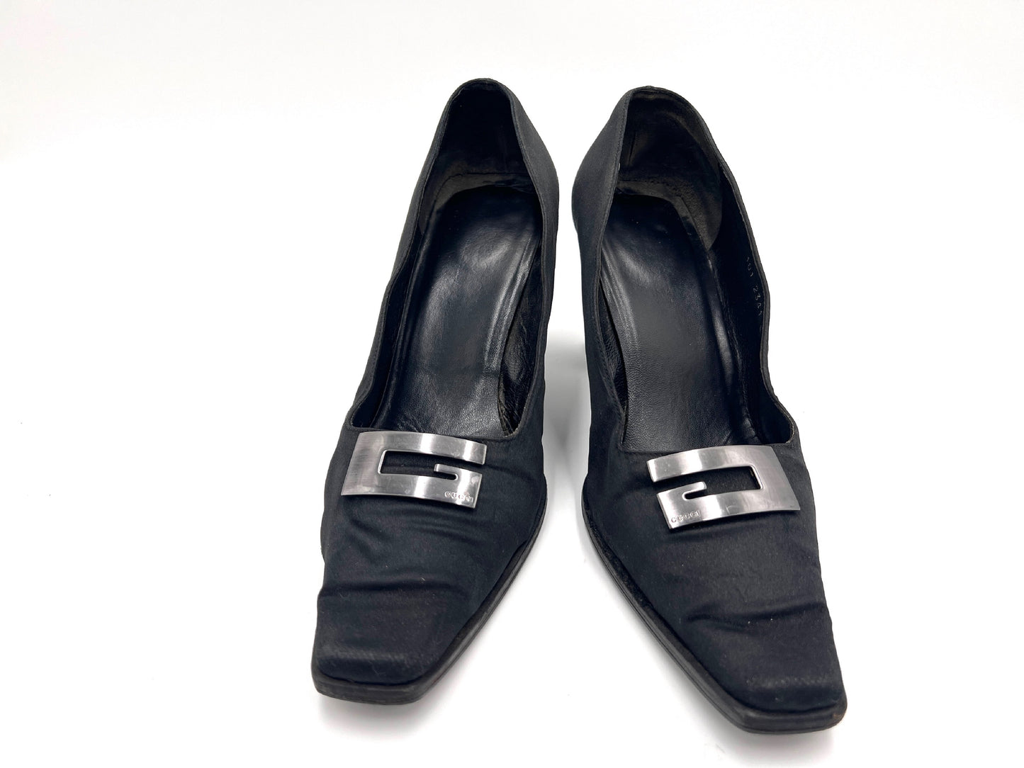 GUCCI Satin G Logo Plate High Heel Pumps Black Size 37