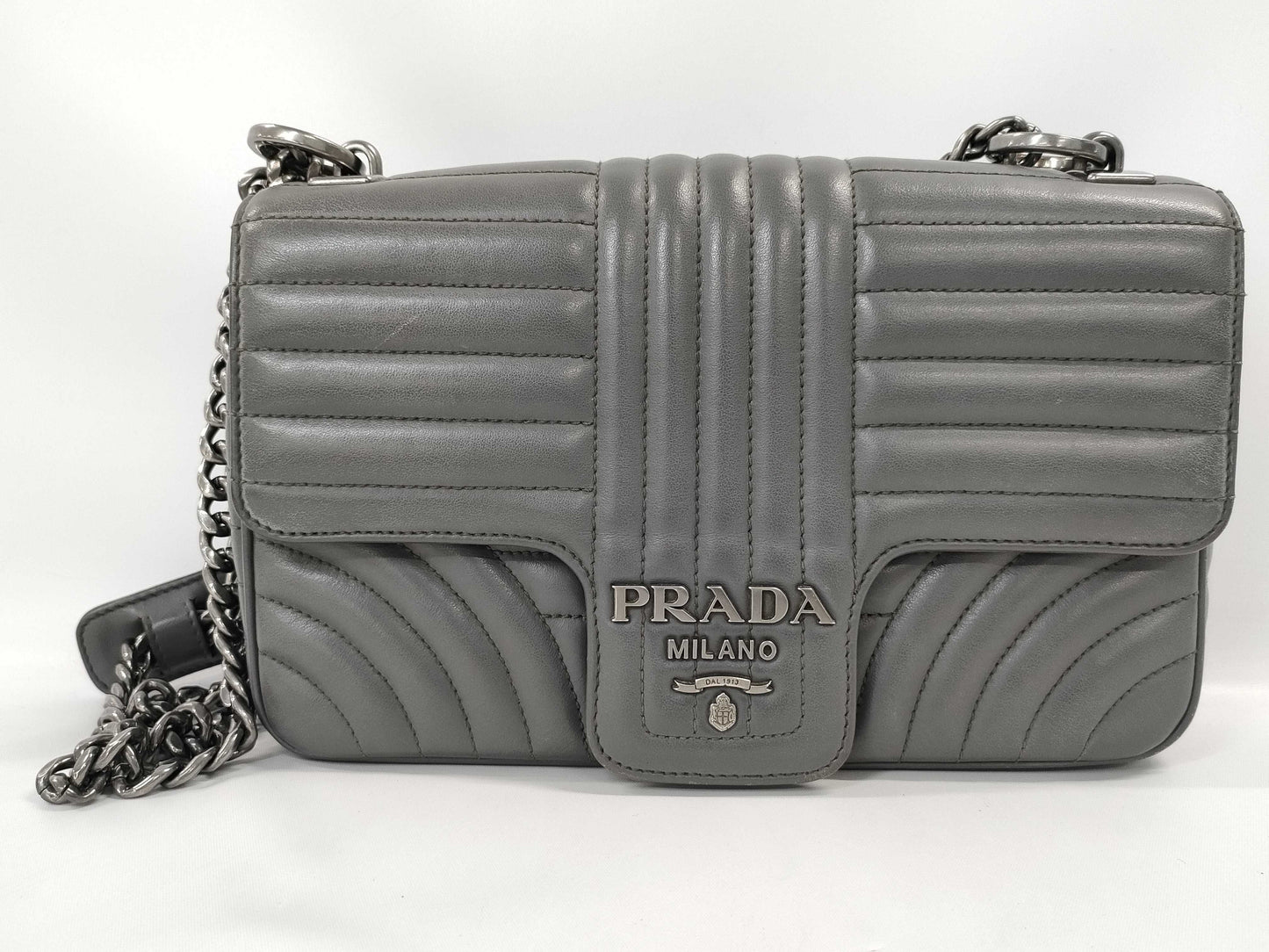 PRADA Diagram Shoulder Bag in Grey Quilted Leather with Silver Hardware
