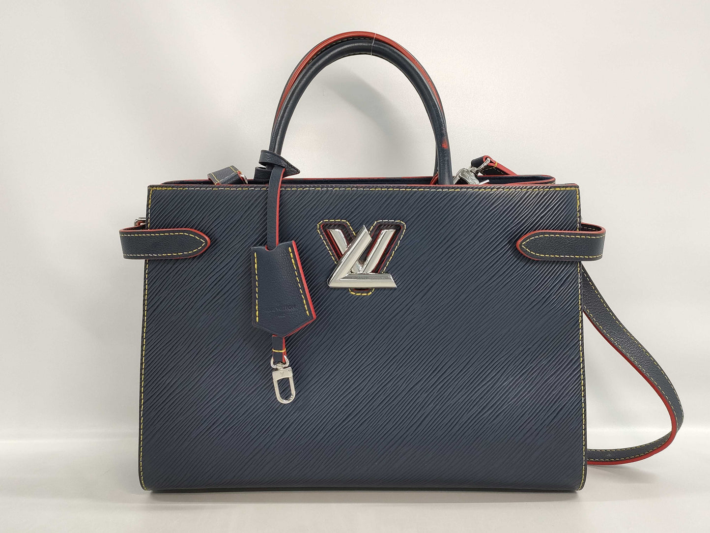 LOUIS VUITTON Twist Tote Handbag, Navy Blue with Silver Hardware, Epi Leather, Shoulder Strap, Clochet, M54980 AR4108