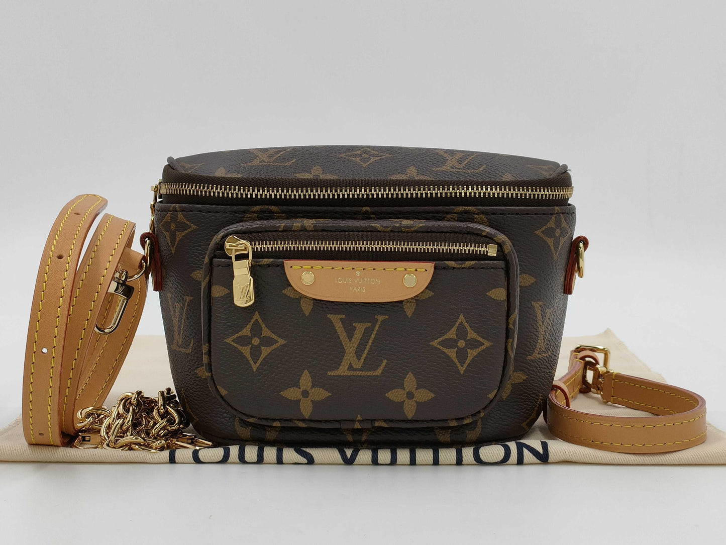 LOUIS VUITTON Mini Bumbag Brown Monogram Canvas with Gold Hardware M82335 RFID Chain Shoulder Bag