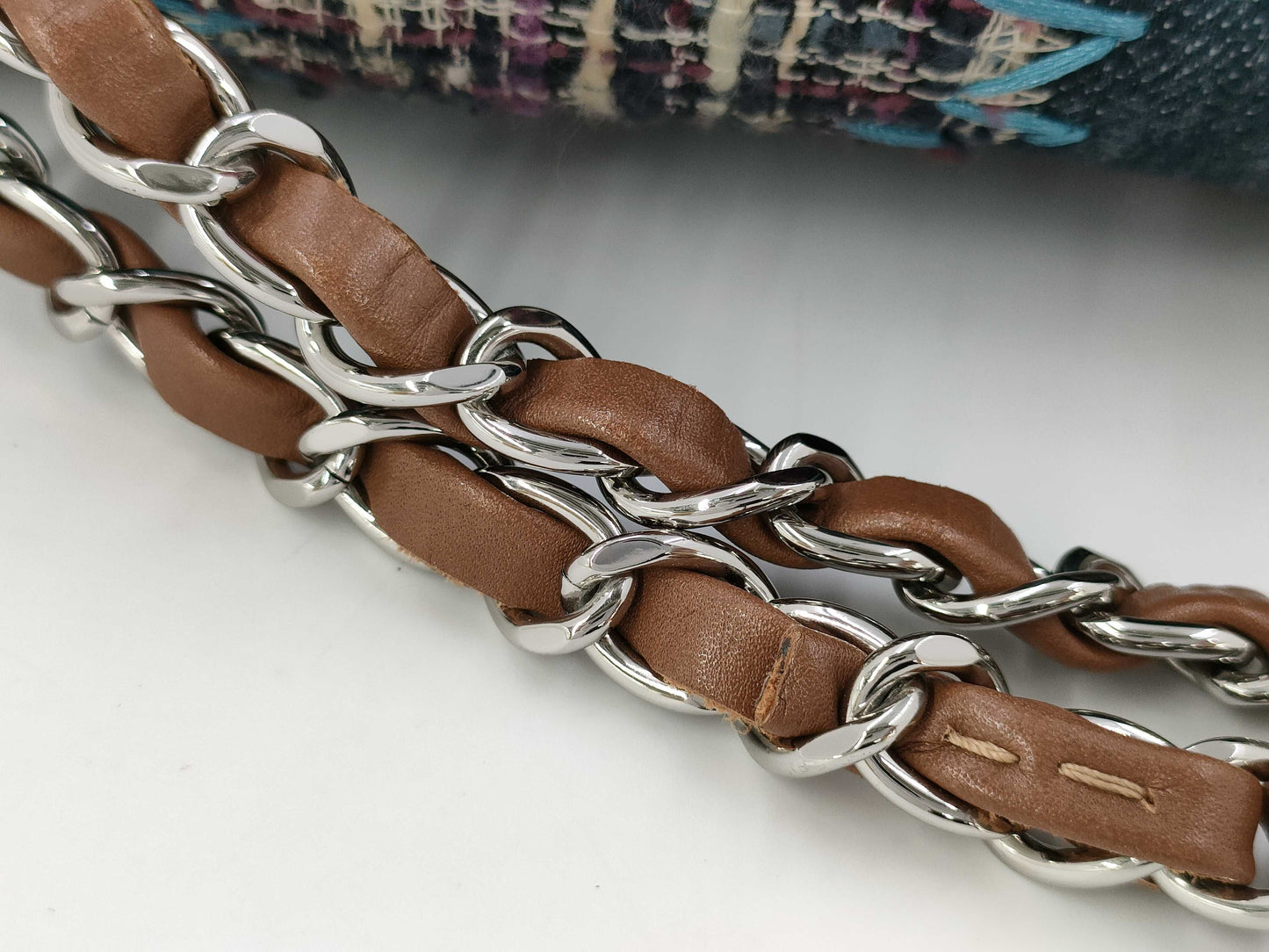 CHANEL Chain Shoulder Bag Patchwork Denim Tweed Leather Multicolor Silver Hardware 16 Series Shoulder Bag