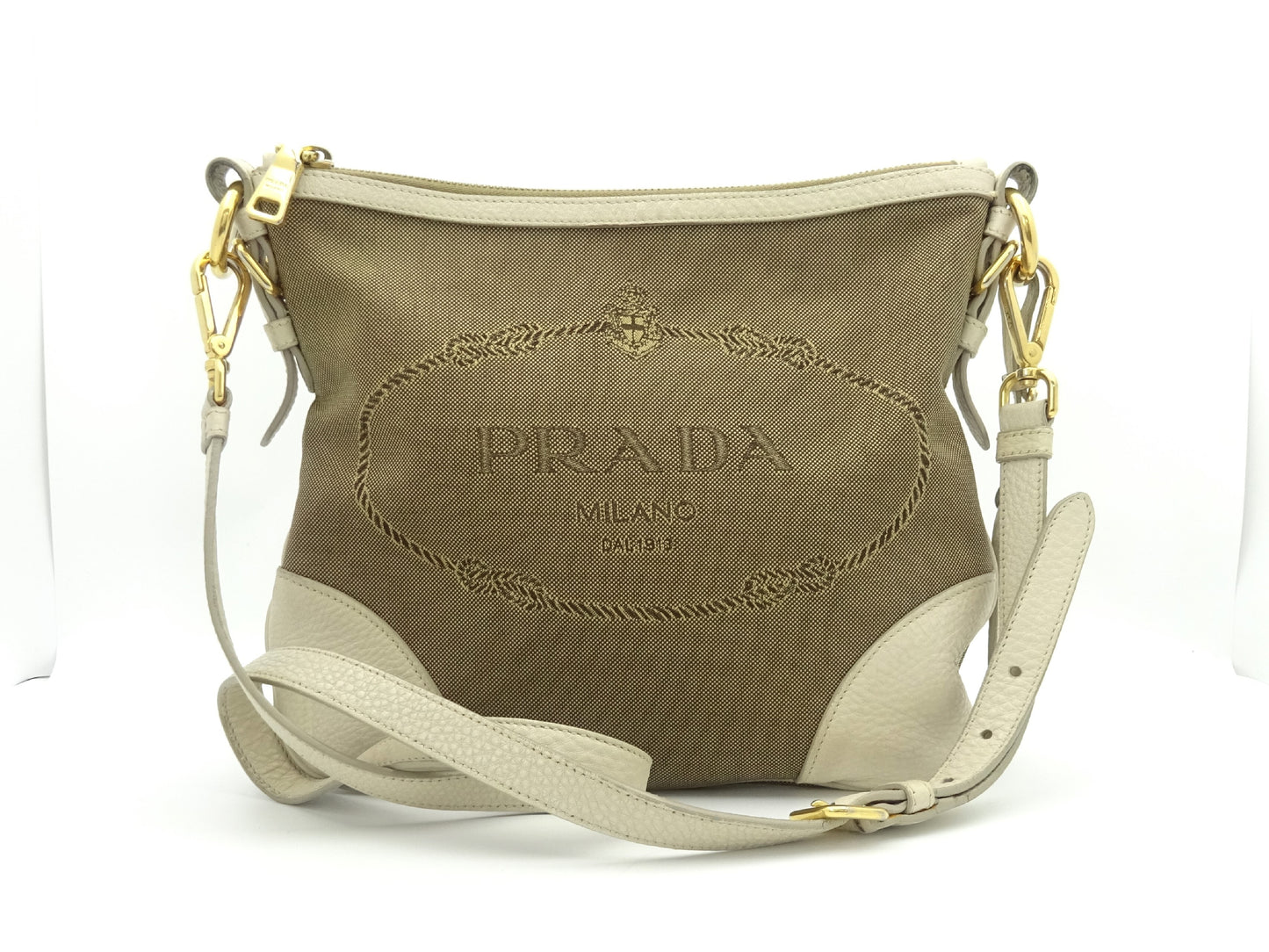 PRADA Jacquard Logo Canvas and Leather Shoulder Bag
