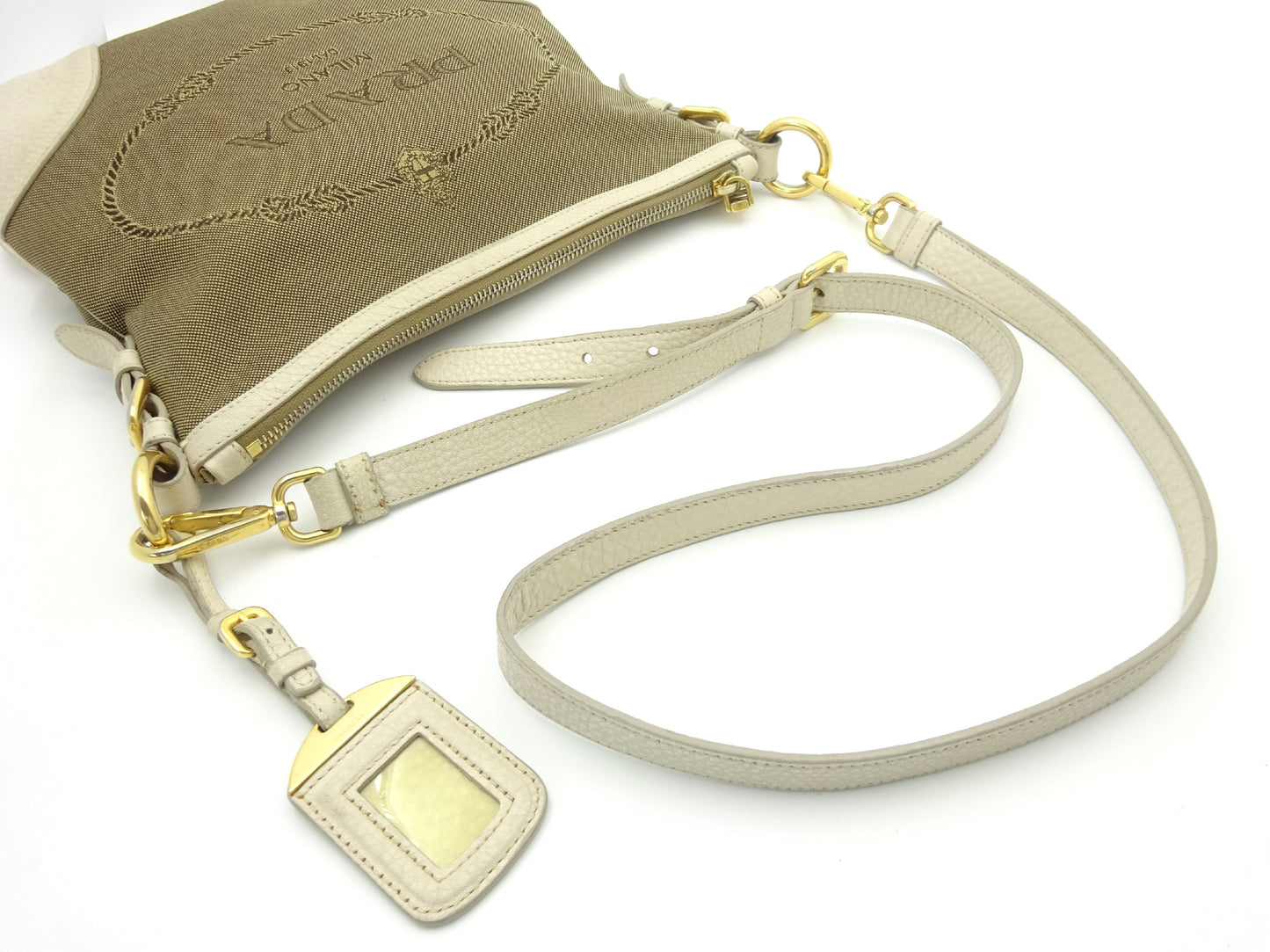 PRADA Jacquard Logo Canvas and Leather Shoulder Bag