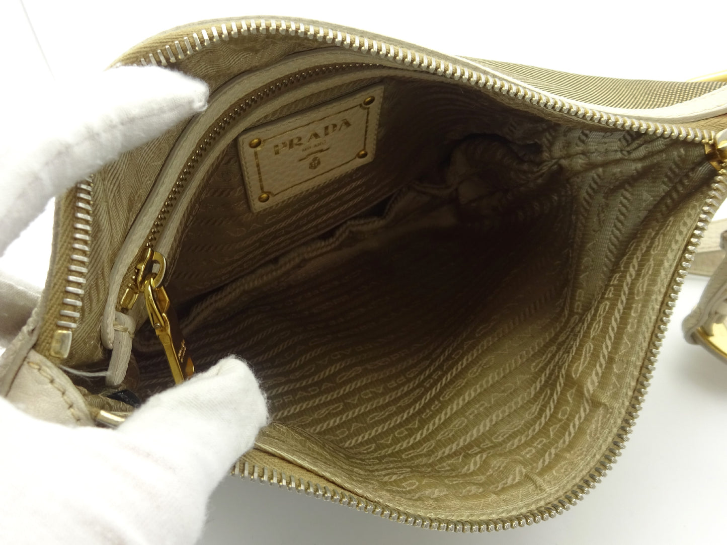 PRADA Jacquard Logo Canvas and Leather Shoulder Bag