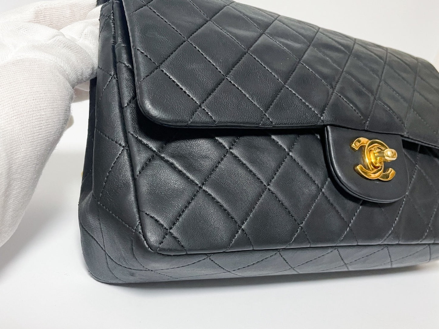 CHANEL Double Flap Matelasse Black Lambskin Shoulder Bag with Seal