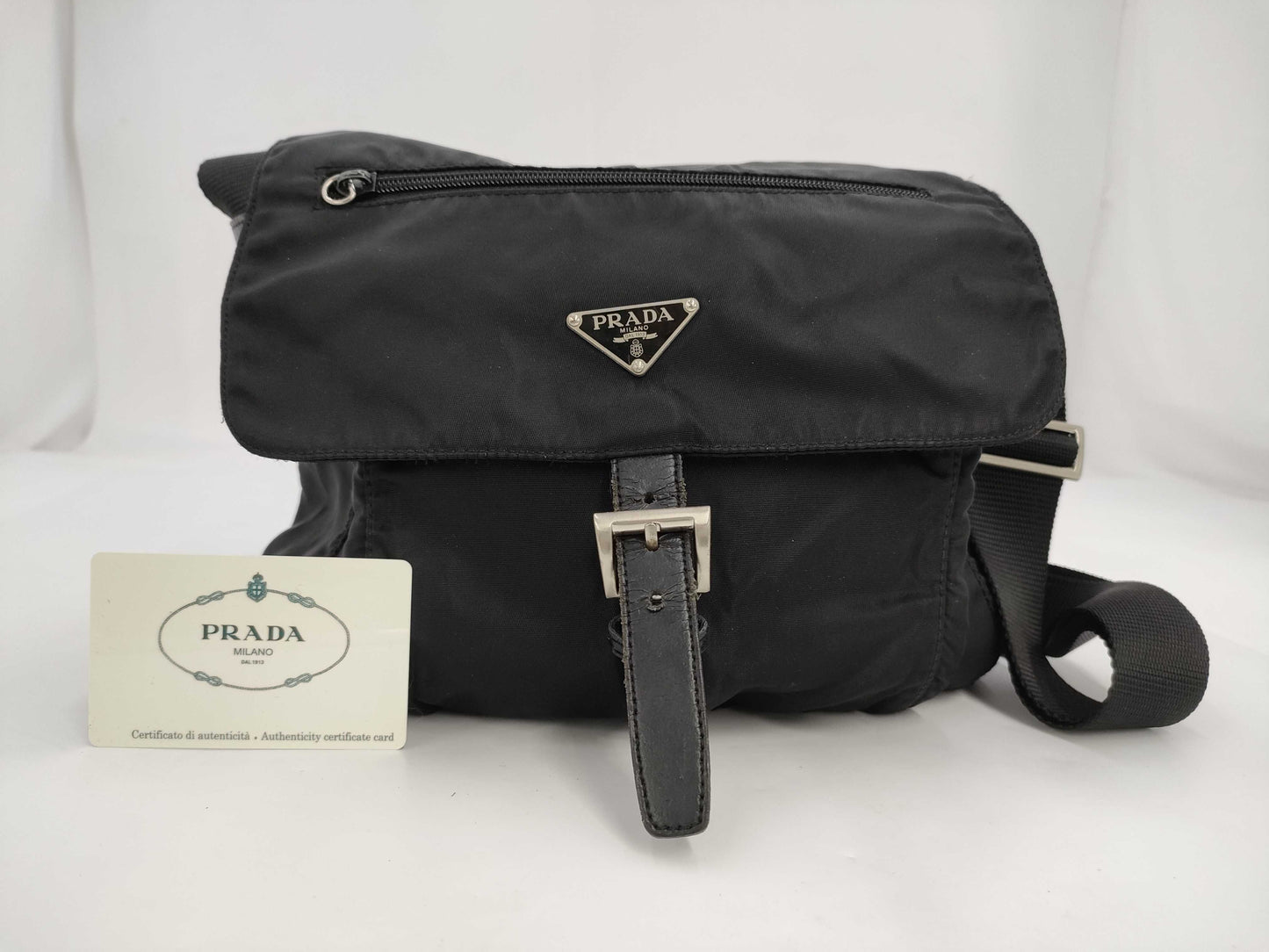 PRADA Prada Triangle Plaque Logo Black Nylon and Leather Shoulder Bag