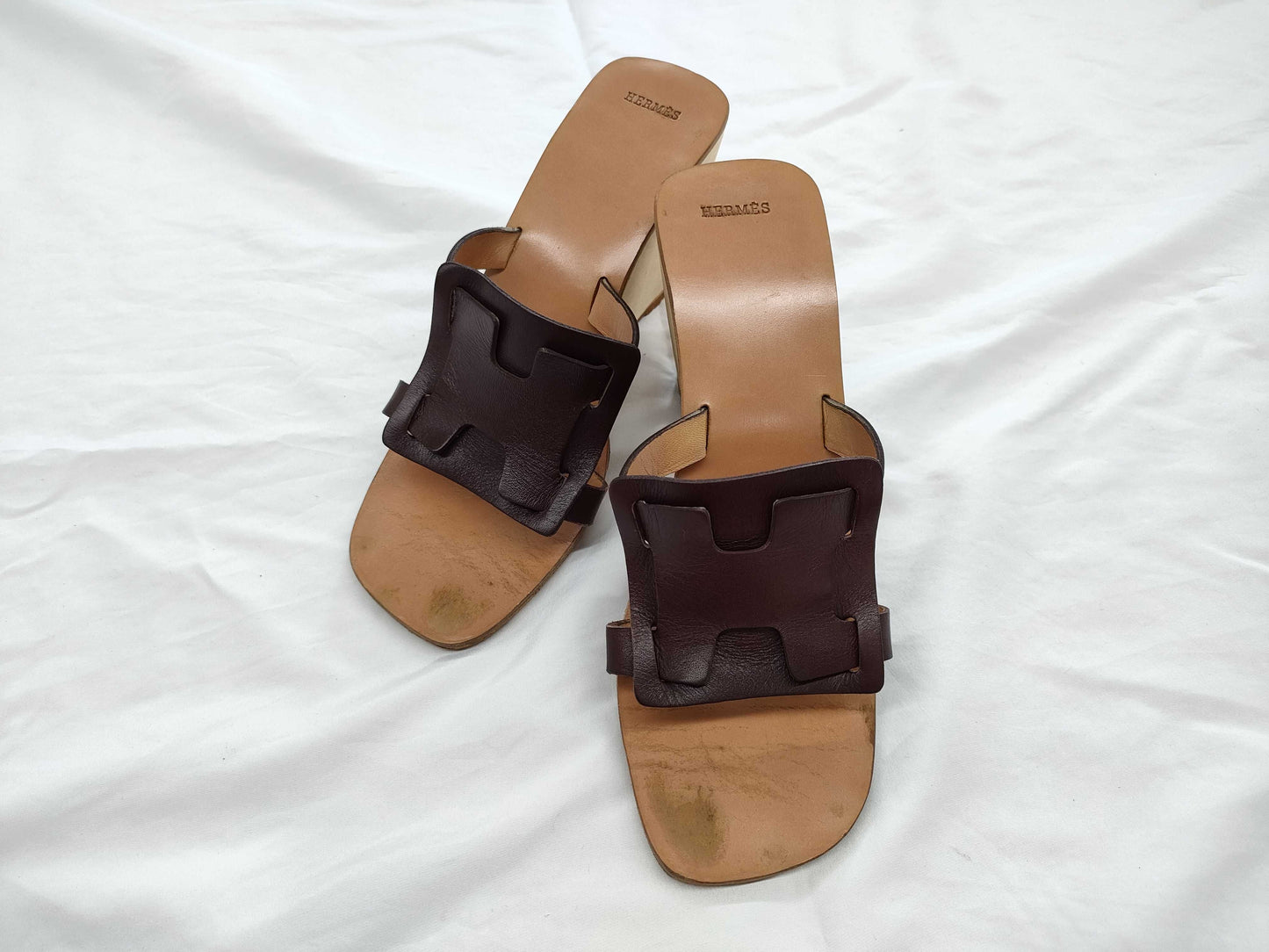 HERMES H Leather Sandals with Wood Sole, Size 22
