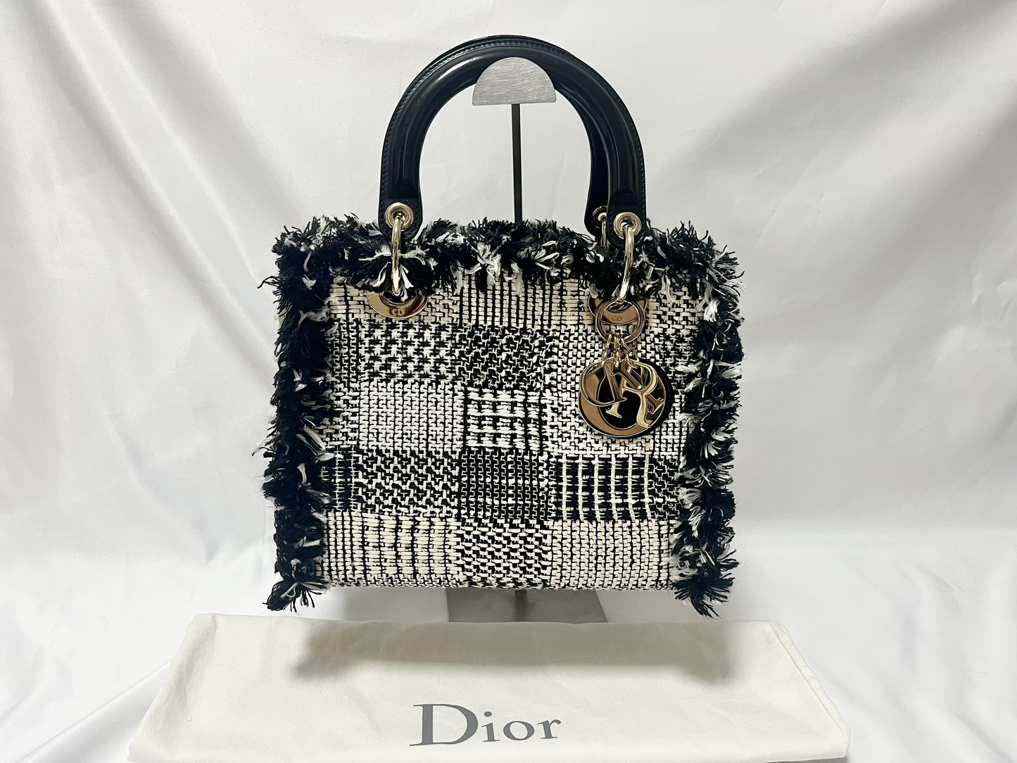 Dior Lady Dior Patent Leather Tweed 2-Way Handbag Black