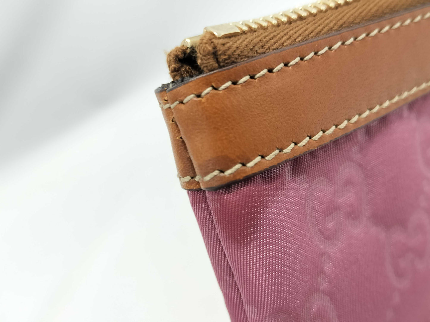 GUCCI GG Nylon Leather Pouch in Pink and Brown