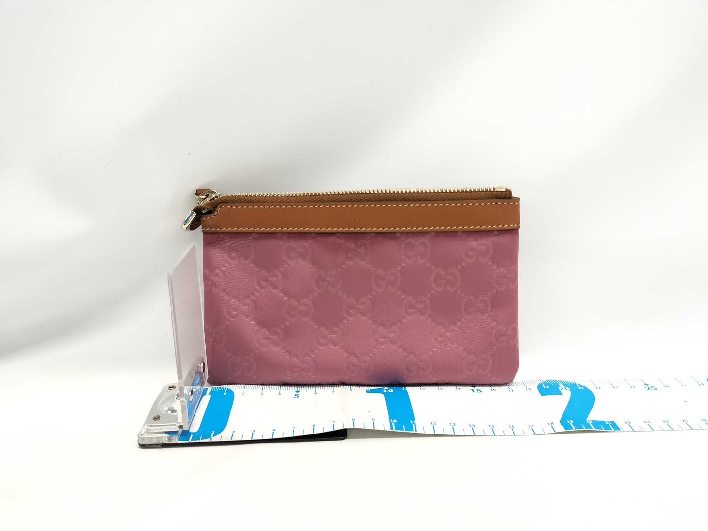 GUCCI GG Nylon Leather Pouch in Pink and Brown