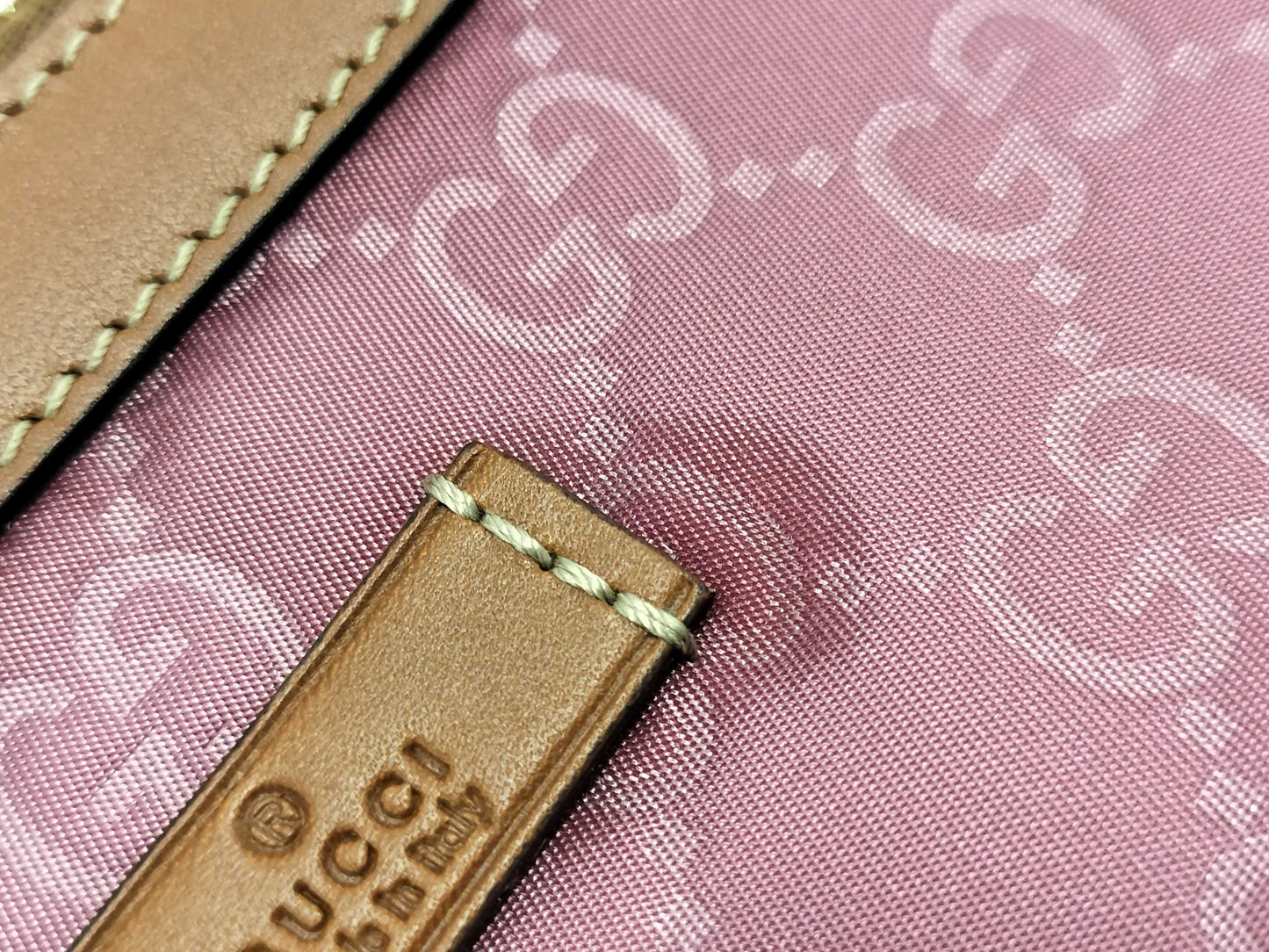 GUCCI GG Nylon Leather Pouch in Pink and Brown
