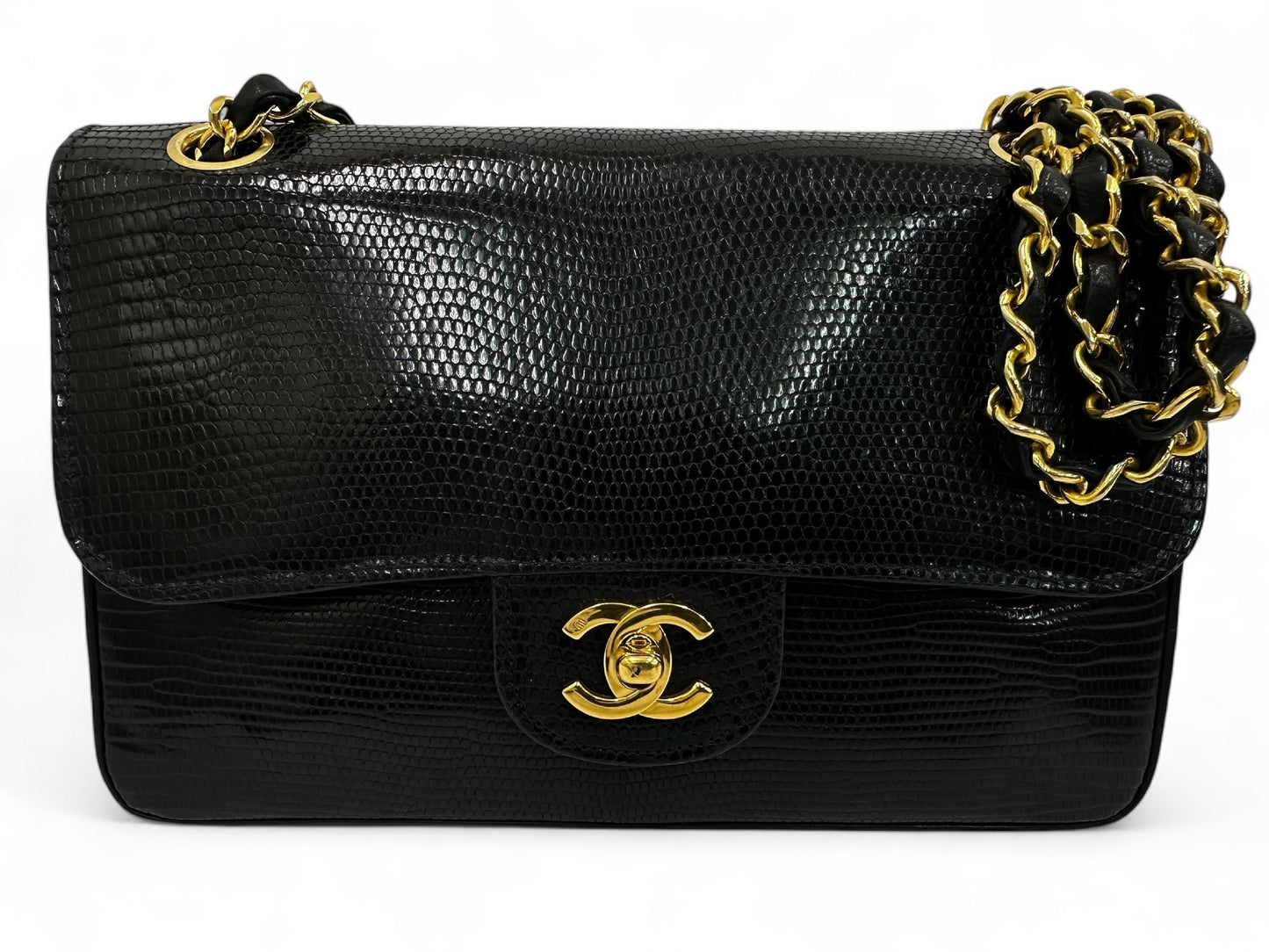 CHANEL Chanel Chain Shoulder Bag, Lizard Leather, Black, W23cm, with Seal