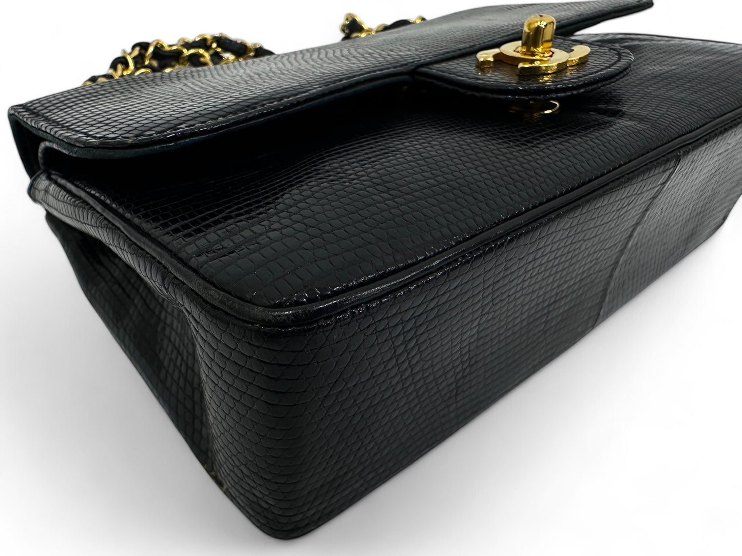 CHANEL Chanel Chain Shoulder Bag, Lizard Leather, Black, W23cm, with Seal
