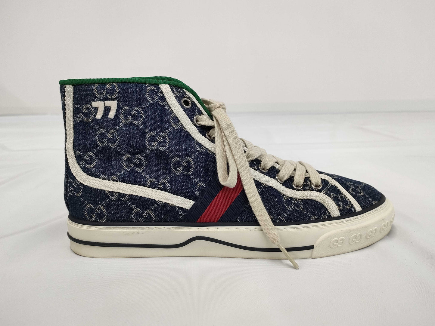 GUCCI 1977 tennis denim high-top sneakers, size 4+, GG pattern