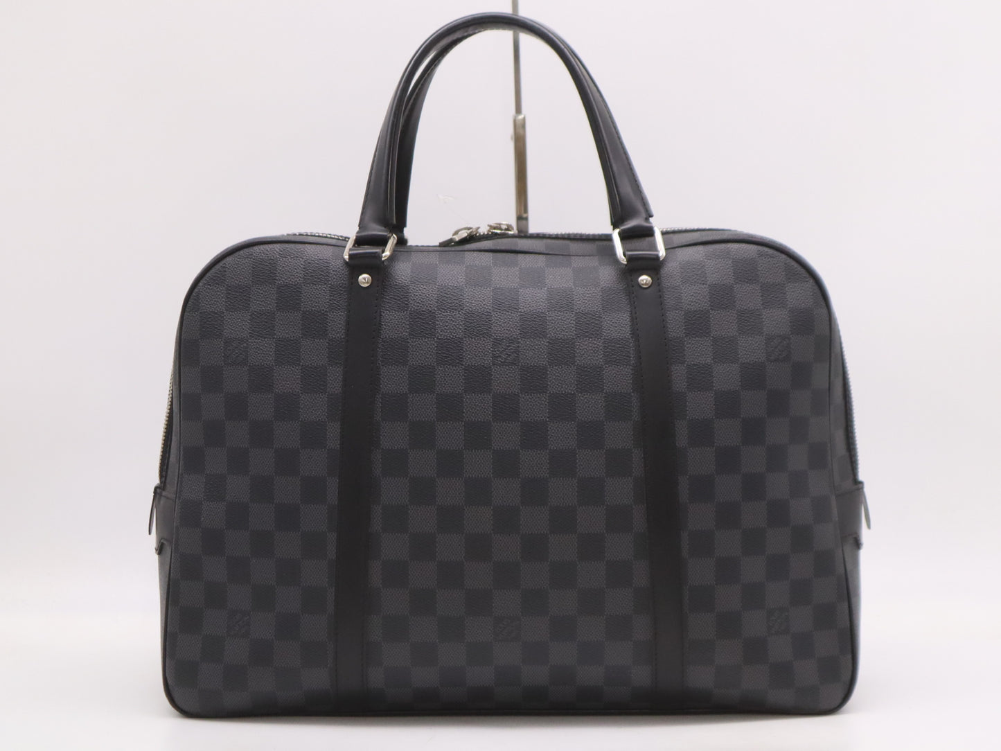 LOUIS VUITTON N51195 Damier Graphite Porte-Document Voyage Business Bag with Padlock, 2 Keys, Name Tag, Handle Cover, and Cloche