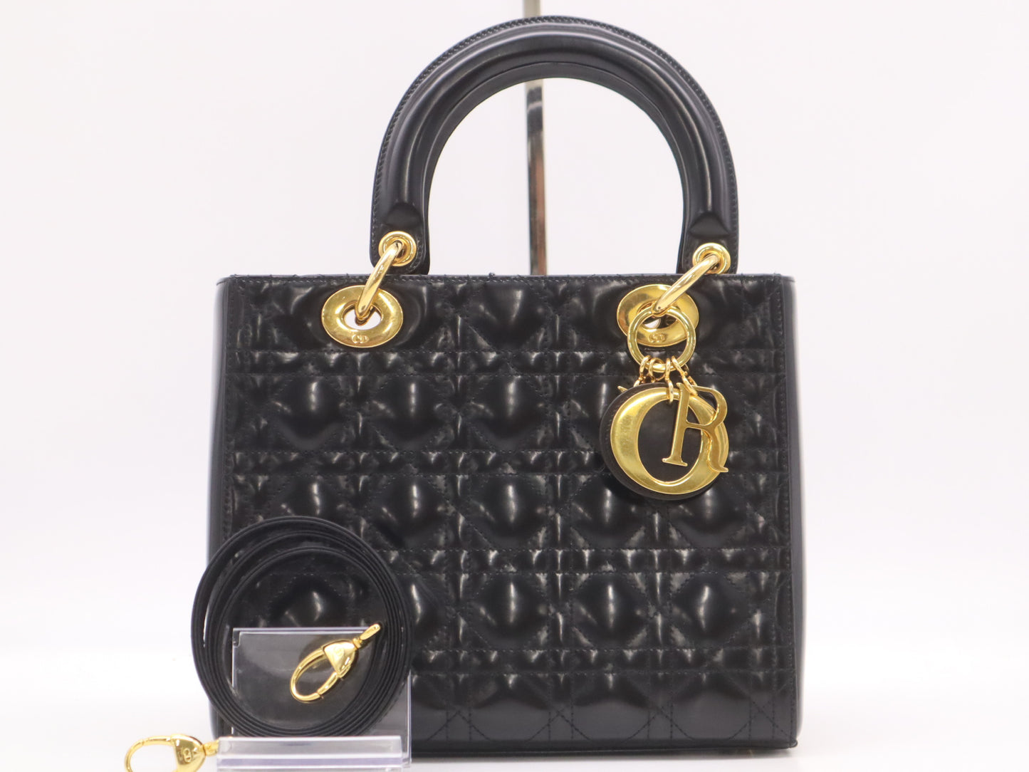 Dior Patent Leather Lady Dior Medium Leather Black Handbag