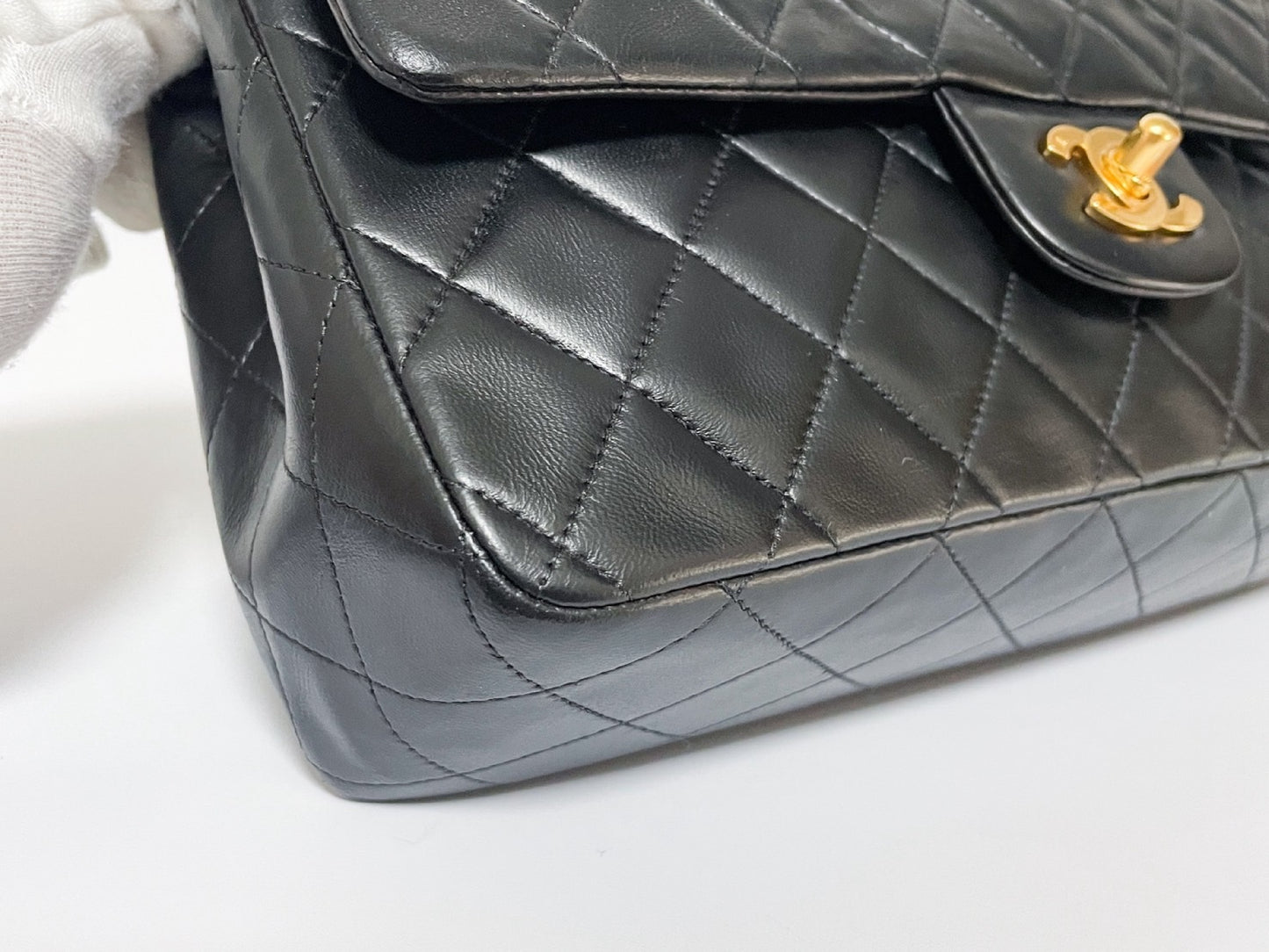 CHANEL Double Flap Matelasse Black Lambskin Shoulder Bag with Seal and Box