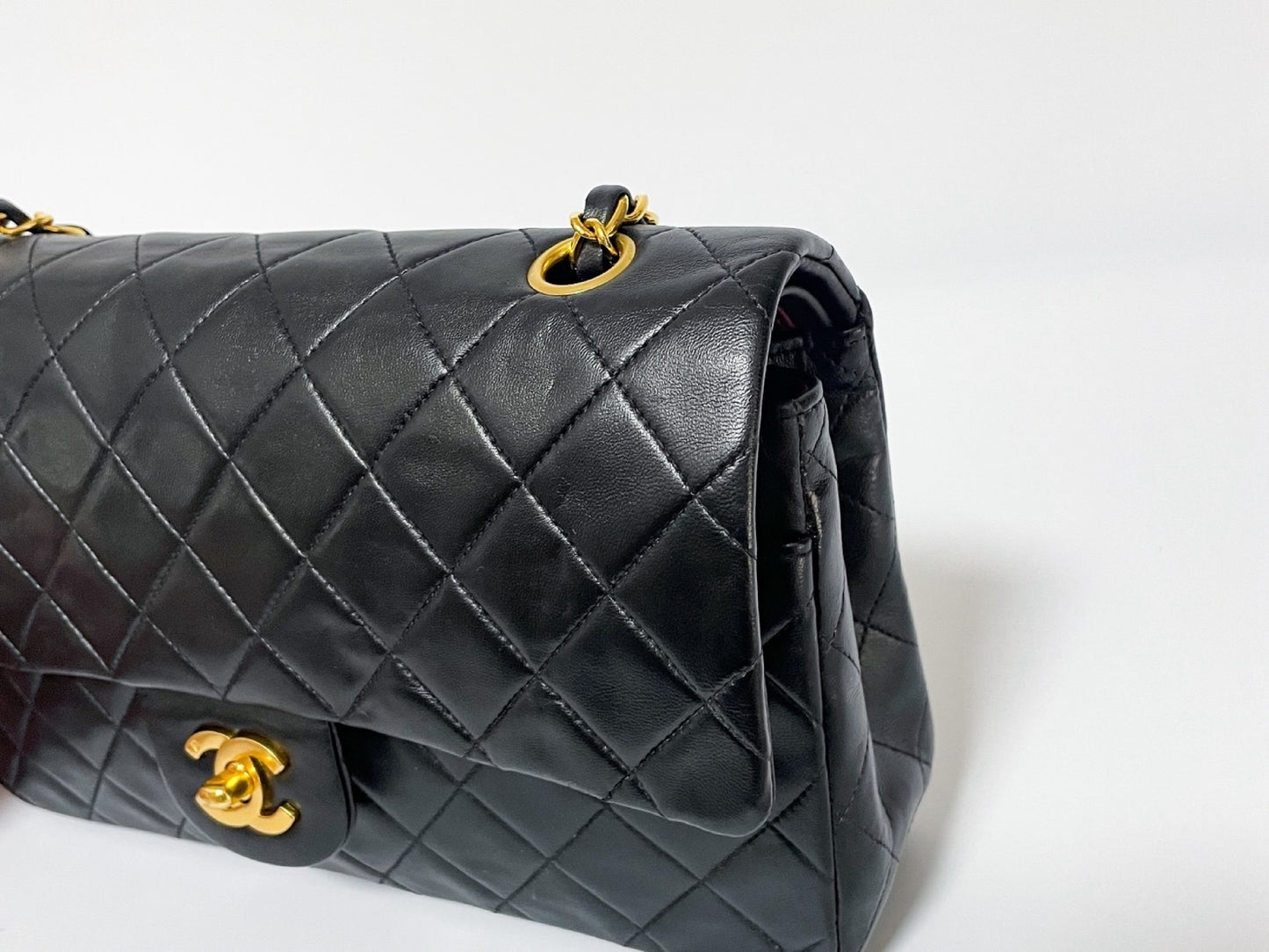 CHANEL Double Flap Matelasse Black Lambskin Shoulder Bag with Seal and Box