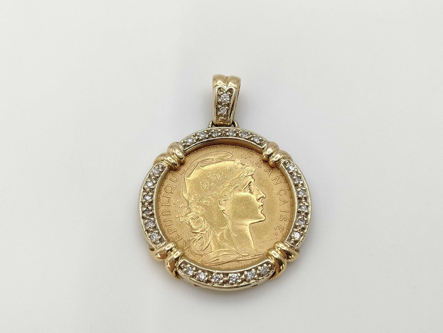 1910 20 Franc Gold Coin D0.21ct K21.6/750 11.5g Pendant Top