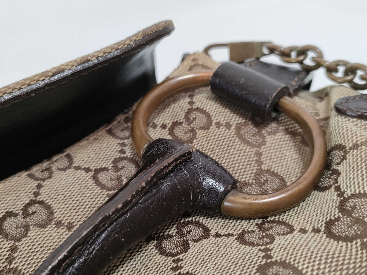 GUCCI GG Canvas Shoulder Bag with Horsebit Hardware and GG Pattern