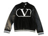VALENTINO Stadium Jacket with Front Logo, Leather Arms, Logo Print, Zip-Up Blouson, Black