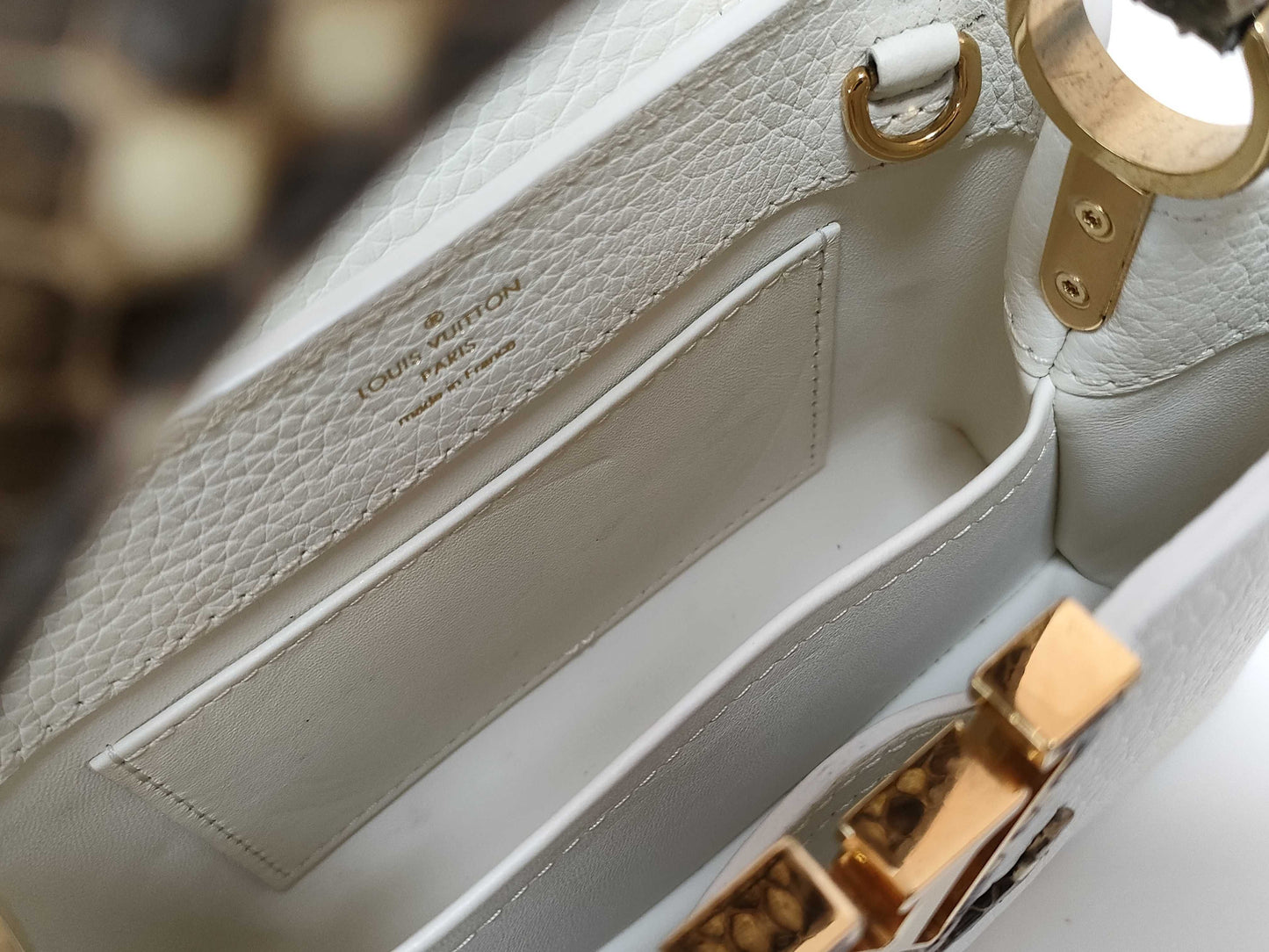 LOUIS VUITTON N85515 Capucines MINI Handbag in White with LV Logo and Python Leather