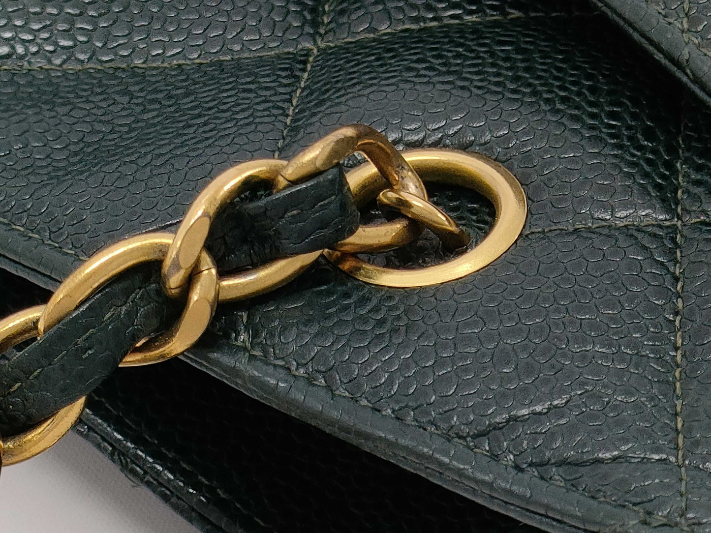 CHANEL CaviSkin Matelasse Large Coco Mark Double Chain Tote Bag Green with Seal