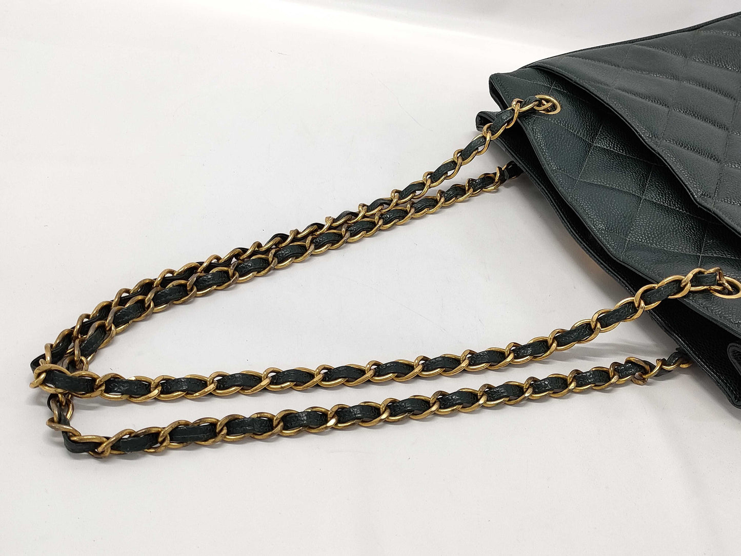 CHANEL CaviSkin Matelasse Large Coco Mark Double Chain Tote Bag Green with Seal